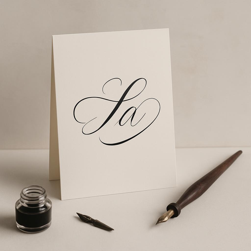 Un signature de carte créée par l'appareil calligraphique écrivent à la main, à côté d'encre et d'un plumier anglais. L'ap...